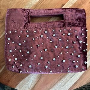 Anthropologie Velvet Crossbody Bag in Plum with Pearl Accents